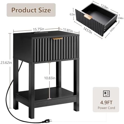 Nasonet Night Stand Set 2, Fluted Nightstand with Charging Station, Wood Bedside Table with Drawer & Storage Shelf, Modern End Tables for Bedroom Sofa Couch Office, Black - Image 2