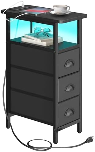 sthmec End Table with Charging Station,LED Side Tables with USB Ports and Outlets,Skinny Bedside Tables with 3 Drawers,Small Tabls Nightstands for Small Space,Slim Sofa Table for Livingroom,Black by Unknown