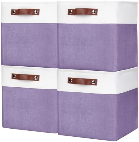 Bagnizer Collapsible Fabric Storage Cubes 11x11 Cube Storage Bins, 4 Pack Closet Baskets Box with Handles for Organizing, Shelf, Toys, Clothes, Home, Office, Nursery (Purple&White) by Bagnizer