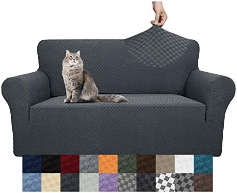 YEMYHOM Couch Cover Latest Jacquard Design High Stretch Sofa Covers for 2 Cushion Couch, Pet Dog Cat Proof Loveseat Slipcover Non Slip Magic Elastic Furniture Protector (Medium, Dark Gray) by YEMYHOM