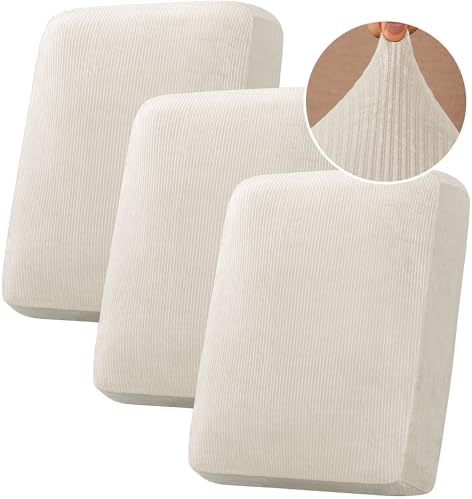 H.VERSAILTEX Velvet Stretch Couch Cushion Cover Plush Cushion Slipcover for Chair Loveseat Sofa Cushion Furniture Protector Seat Cushion Sofa Cover (3 Piece Sofa Cushion Covers, Ivory Striped) by HVERSAILTEX