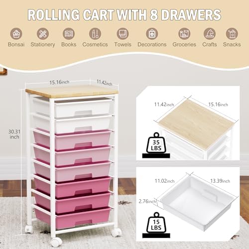 Rolling Cart with 8 Drawers, Storage Drawers Cart with Wooden Tabletop and Lockable Wheels, Craft Storage for Living Room, Office, Classroom, Craft Room, Bedroom - Image 2