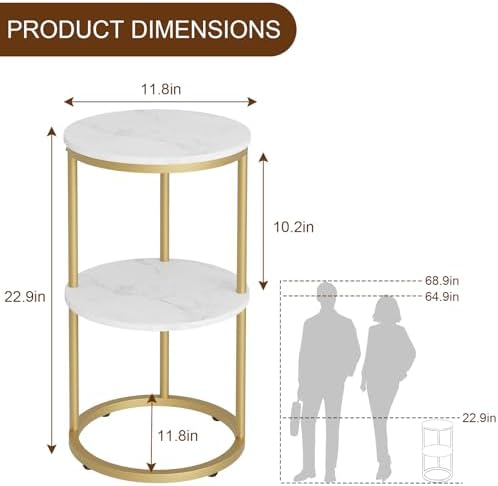 C Shaped end Table,2 Tier Wood Round Side Table for Couch,Small Sofa Table with Metal Frame for Bedroom,Living Room,Bedside,Gold(11.8" D x 11.8" W x 22.9" H) - Image 3