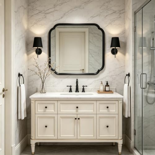 Ferytange 24 x 24 Inch Matte Black Metal Framed Bathroom Vanity Mirror, Rounded Rectangle Wall Mirror, Shatterproof HD Float Glass for Bedroom Living Room Horizontal/Vertical - Image 2