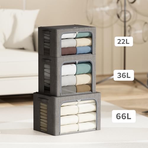 4 Pack Clothes Storage Bins with Metal Frame - 36L Stackable Storage Box with Lid，Foldable Storage Container Organizer for Clothes，Linen Fabric Storage Box with Clear Window＆Zippers＆Handles - Image 5