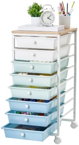 VEVOR Rolling Cart with Drawers, 8 Drawer Storage Organizer, Mobile Utility Cart with Wood Top, Steel Frame, Universal Casters & 2 Brakes, for Office, Classroom, Craft Supplies, Bedroom, Green Blue by VEVOR