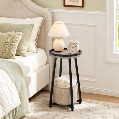 HOOBRO Small Round Side Table, 2-Tier Round Sofa End Table, Compact Nightstand with Cotton Linen Storage Basket, for Small Space, Living Room, Bedroom, Dorm, Greige BG183BZ01 - Image 6