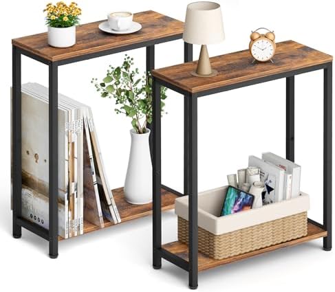 SLEEPING LAMB Narrow End Tables Living Room Set of 2 Small Side Table for Small Space, 2 Tier Slim Skinny Night Stand for Bedroom, Couch Beside Nightstands, Rustic Brown and Classic Black by SLEEPINGLAMB