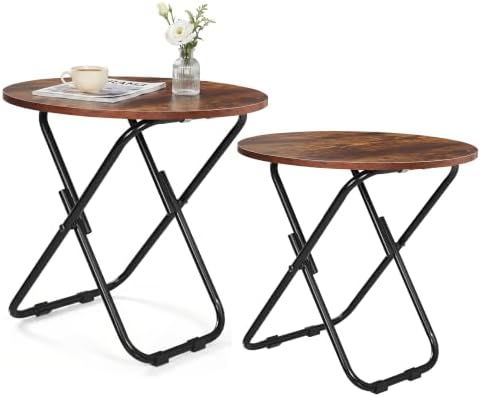 VECELO Patio Outdoor Side Table Set of 2,17.7 inch Small Folding Table Round Waterproof Wood Table,Foldable Anti-Rust Metal Legs Snack Desk for Garden Balcony,Yard,Living Room by VECELO