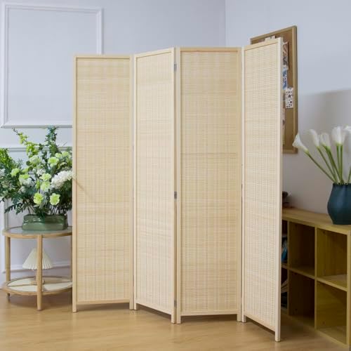 4 Panel Bamboo Room Divider Screen,5.6 FT Tall Bamboo Divider Folding Privacy Screen,Freestanding Panel Divider for Room Seperation,Beige by PawlaBay