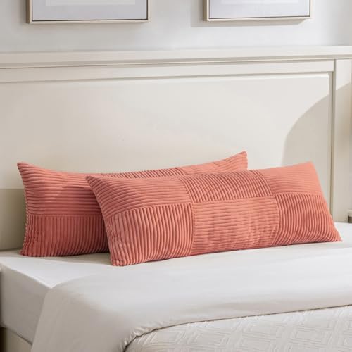 Fancy Homi Set of 2 Coral Boho Long Lumbar Body Decorative Throw Pillow Cover 14x36 Inch for Bed Couch Bedroom Bench, Soft Patchwork Corduroy Textured Pillow Case, Rustic Farmhouse Room Décor by Fancy+Homi