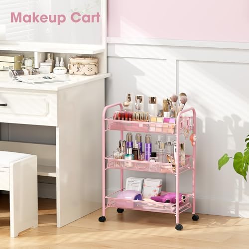 TOOLF 3 Tier Rolling Cart, Metal Utility Storage Cart with Wheels, Pink | 3 Hooks, Screwless Assembly, Trolley Organizer for Bathroom, Kitchen, Office, Nursery, Dorm, Laundry Room - Image 5