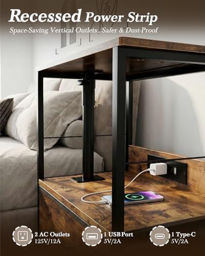 Faesun Swivel Lift Top Nightstand with Charging Station, Rolling Side Table for Recliner, Bedside Table with Wheels & 2 Fabric Drawers, for Small Spaces, for Bedroom, Living Room, Brown - Image 4