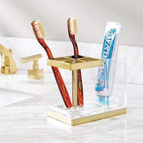 mDesign Plastic Toothbrush and Toothpaste Storage Organizer Holder - Home Decor for Bathroom Countertop - Holds Toiletries and Beauty Accessories - Lumiere Collection - Clear/Soft Brass - Image 2