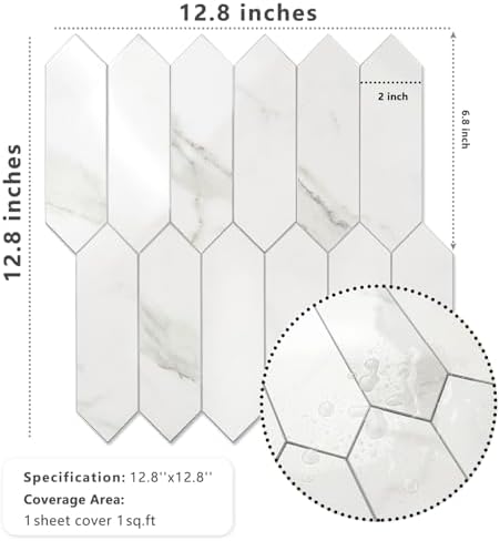 Vamos Tile 1 Sheet Glossy White Marble Backsplash Tile Peel and Stick, 12.8 x 12.8 Inch Long Hexagon PVC Self Adhesive Mosaic Wall Tiles Stick on Backsplash for Kitchen and Bathroom - Image 4