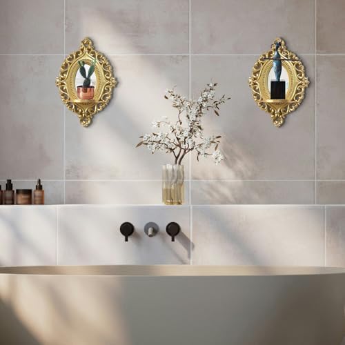 2 Set Vintage Candle Wall Sconce for Home Decor Living Room Bedroom Office Wood Antique Mirrored Victorian Mounted Candlestick Wall Holder Relief Hanging Decor -Gold 11.8in - Image 4