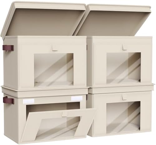 Univivi Front Opening Storage Bins with Lids for Closet, Beige, 4 Pack by Univivi