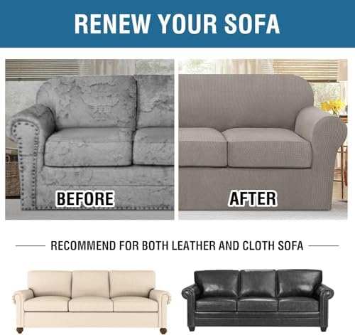 H.VERSAILTEX 4 Piece Stretch Sofa Covers for 3 Cushion Couch Covers for Living Room Furniture Slipcovers (Base Cover Plus 3 Seat Cushion Covers) Thicker Jacquard Fabric (Large Sofa, Taupe) - Image 7