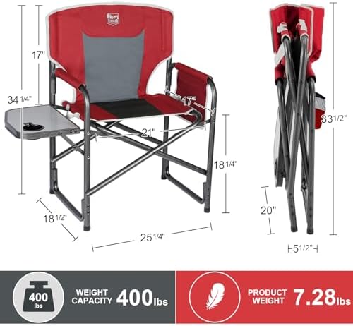 Timber Ridge Aluminum Oversized Camping Chair, Lightweight Portable Directors Chair with Side Table Detachable Side Pocket for Outdoor Camping, Lawn, Picnic, Support 400lbs Red - Image 3