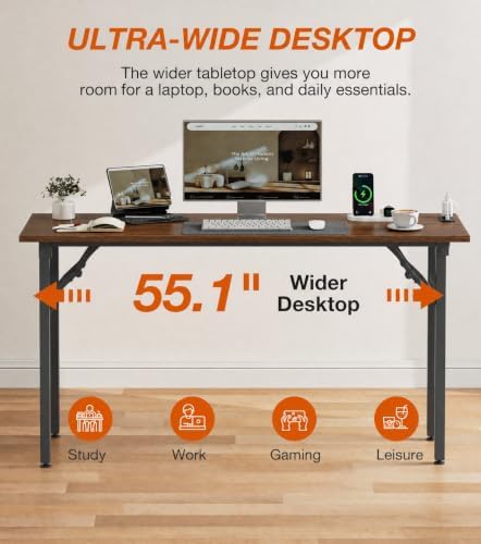 XBurmo Small Folding Desk Folding Table, No Assembly Foldable Desk Gaming Desk, 55.1-Inch Computer Table Workstation with 2 AC Outlets and 2 USB Ports for Bedroom and Home Office, Dark Walnut - Image 7