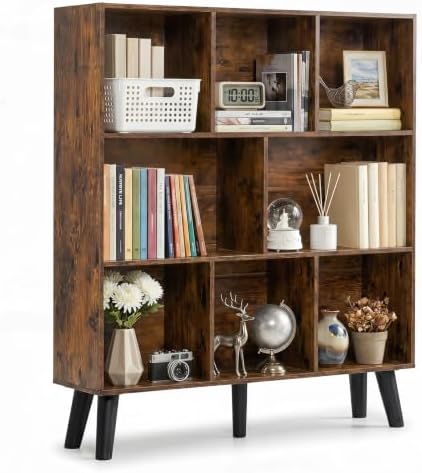 YAHARBO 8 Cube Brown Bookshelf,3 Tier Book Shelf with Legs,Modern Minimalist Bookcase,Open Book Shelves Storage Organizer,Frees Standing Wooden Display Bookcases for Small Space,Bedroom,Living Room by YAHARBO