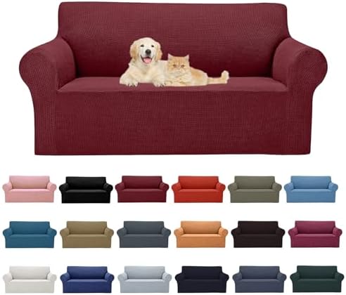 Cupuamon 2026 New Stretch Loveseat Sofa Slipcovers Couch Cover for 2 Cushion Furniture Protector Sofa Covers with Elastic Bottom Jacquard Fabric Small Checks for Pets, Kids - Dark Red by Cupuamon