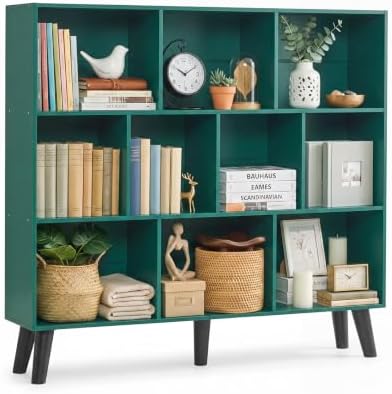 YAHARBO 10 Cube Bookshelf,3 Tier Bookcase with Legs,Dark Green Mid-Century Modern Bookshelves,Large Free Standing Open Storage Organizer Shelf,Tall Wooden Book Case Furniture for Bedroom,Living Room by YAHARBO