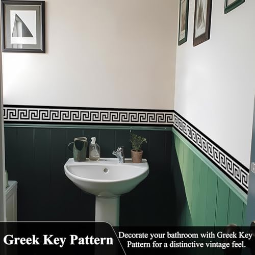 funlife Greece Pattern Peel and Stick Wall Border Stickers, Self Adhesive Skirting Wall Waist Line Decal for Bathroom Wall Vanity Mirror, 78.74"X3.93" PVC White Black 1 Roll - Image 3