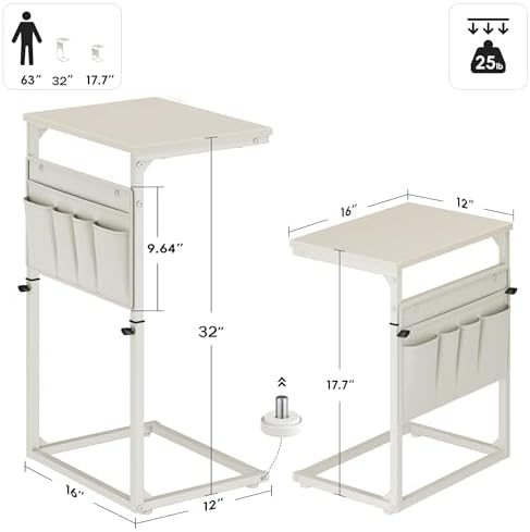 Vagusicc C Shaped End Table, 32'' Tall Side Table for Couch, Adjustable Height Small Couch Side Table for Small Spaces, End Table Slide Under Sofa Table TV Tray Table Arm Table for Living Room - Image 3