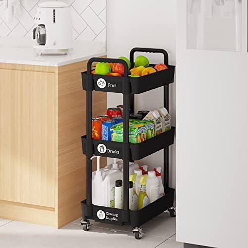 Laiensia 3-Tier Storage Carts,Multifunction Utility Rolling Cart Kitchen Storage Organizer,Mobile Shelving Unit Cart with Lockable Wheels for Bathroom,Laundry,Living Room,With Classified Sticker,Black - Image 4
