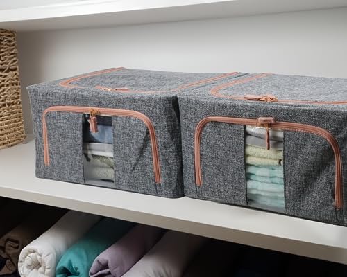 Linen Clothes Storage Bins, 4PCS Sturdy Closet Organizers and Storage Bin with Metal Frame, 2 Opening Ways Fabric Visible Lidded Storage Box for Organizing Clothing,Jeans,Sheets (4PC Gray, 22Liters) - Image 6