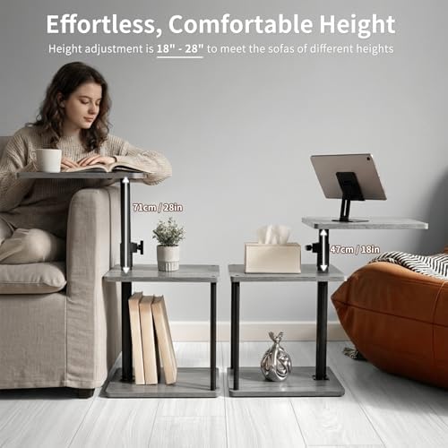 Rolling Side Table with Wheel for Living Room, Adjustable Height Swivel End Table for Different Seating Types, Ideal for Couch, Sofa, Recliner and Living Room, Grey Walnut-Look - Image 4