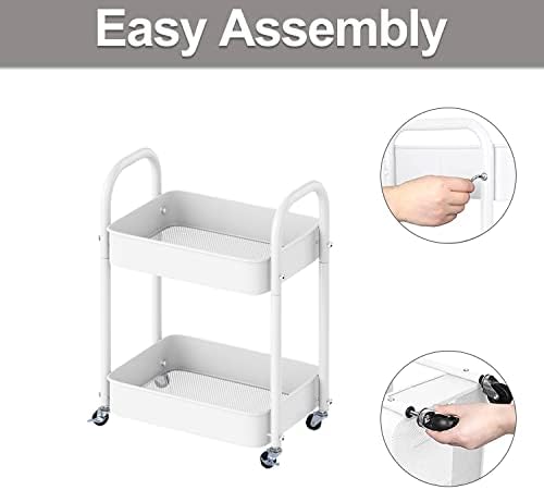 2 Tier All-Metal Rolling Cart, Rolling Storage Cart with Handle and Locking Wheels Kitchen Cart Laundry Office Bathroom Storage Organizer Cart, White - Image 7