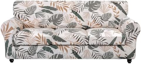 SearchI Stretch Sofa Cover Printed Couch Cover, Floral Pattern 4 Pieces Sofa Slipcover with 3 Separate Cushion Cover, Washable Furniture Protector for Living Room(Sofa, Botanical Palm) by SearchI