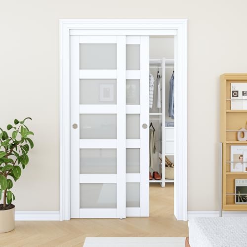 Sliding Closet Door 48"x80", 5 Lite Frosted Glass Door, Need to Assemble by AINLARRY
