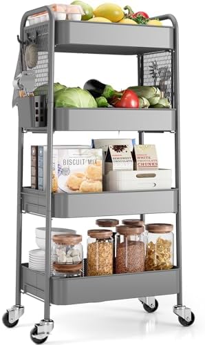 TOOLF 4 Tier Rolling Cart, Metal Utility Storage Cart with Pegboard, Grey | 2 Bins & 4 Hooks, Screwless Assembly, Lockable Wheels, Trolley Organizer for Bathroom, Kitchen, Office, Dorm, Craft Room by TOOLF