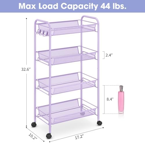 TOOLF 4 Tier Rolling Cart, Metal Utility Storage Cart with Wheels, Purple | 3 Hooks, Screwless Assembly, Trolley Organizer for Bathroom, Kitchen, Office, Nursery, Dorm, Laundry Room - Image 6