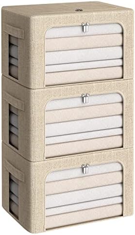CYhom 3Pack Foldable Storage Bins - Frame Storage Box Linen Fabric Stackable Clothes Container Organizer with Clear Window & Carry Handles Large Capacity (Medium-36L, Beige) by CYhom
