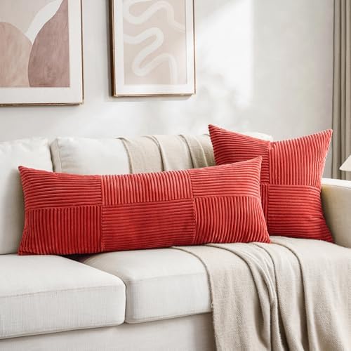 Fancy Homi 2 Packs Red Decorative Throw Pillow Covers 18x18 Inch for Living Room Couch Bed Sofa, Rustic Boho Farmhouse Home Decor, Soft Corss Corduroy Patchwork Textured Square Cushion Case 45x45 cm - Image 6