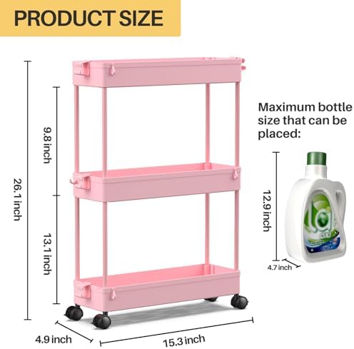 SPACEKEEPER Slim Rolling Storage Cart, 3 Tier Bathroom Cart Organizer, Pink - Image 6