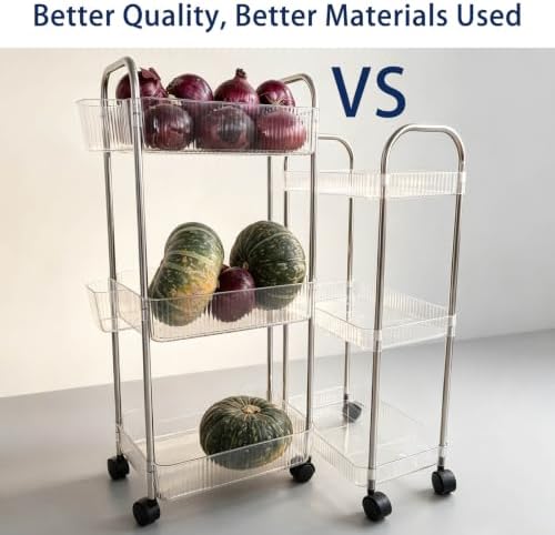 3 Tier Storage Organizer Rolling Utility Cart with Clear Baskets & Wheels - Image 2