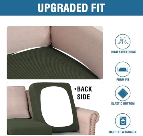 H.VERSAILTEX Super Stretch Individual Seat Cushion Covers Sofa Covers Couch Slipcover Sets Thick Jacquard Textured Twill Fabric (3 Piece Sofa Cushion Covers, Olive) - Image 6