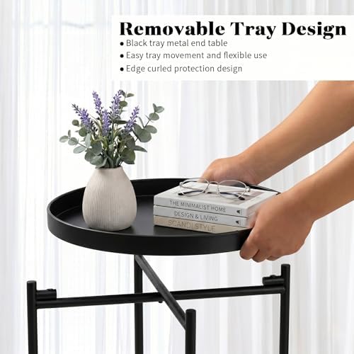 TeoKJ 2 Tier Round Side Table, Folding Round Metal End Table Small Nightstand with Two Removable Tray for Bedroom Living Room Bedside Small Spaces Black - Image 5
