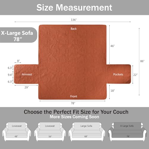 Soft Quilted Couch Cover with Pockets for Extra-Large Sofa, Anti-Slip Sofa Covers Washable for 3 Cushion Pet Friendly, Oversized Sofa Cover Water-Repellent (X-Large Sofa 78", Burnt Orange) - Image 6