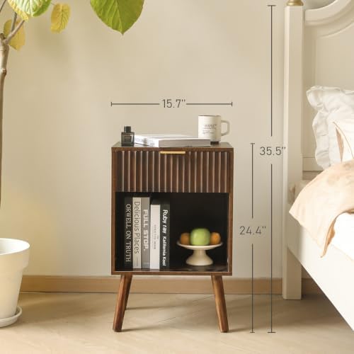 Fultyle Mid Century Modern Nightstand, Walnut Bedside Table with Storage - Image 2