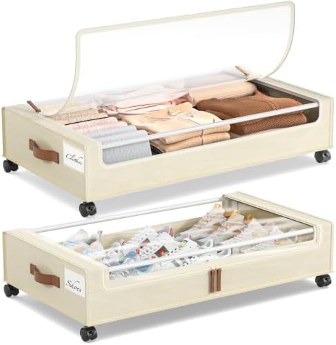 Yecaye 60L Under Bed Storage Containers with Wheels, 2 Pack Under Bed Storage Containers, Underbed Shoe Storage with Clear Window & Label, Rolling Under Bed Metal Drawer for Shoes, Clothes, Beige by Yecaye