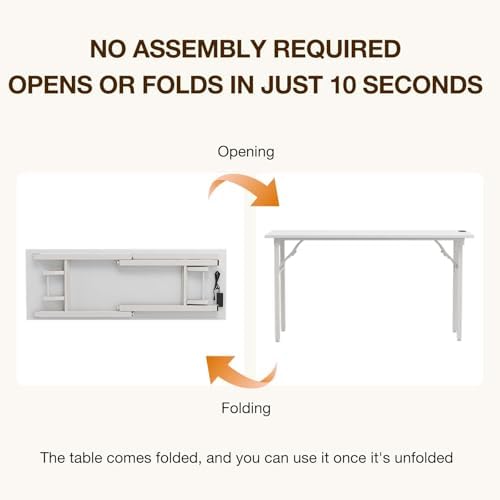 TEMI Long Computer Desk Folding Table - No Assembly, Compact 55.1" Foldable Desk with Power Outlets & USB Charging Port, Portable Lagre Office Desk, Ideal Large Study Table for Narrow Spaces,White Ash - Image 3