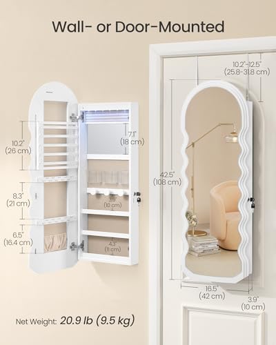 SONGMICS Wide Jewelry Organizer, Wall/Door Mounted, LED Cabinet, Lockable - Image 5