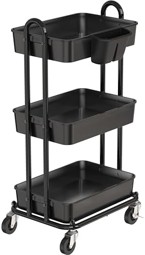 Simple Houseware 3-Tier Rolling Utility Cart with Hanging Bucket, Black by SimpleHouseware