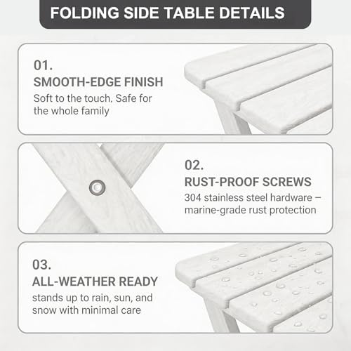 Folding Outdoor Side Table,Small HDPE Patio Table,All-Weather Compact Portable End Table for Patio,Porch,Pool,White,11.8" D x 15.7" W x 15.7" H - Image 5